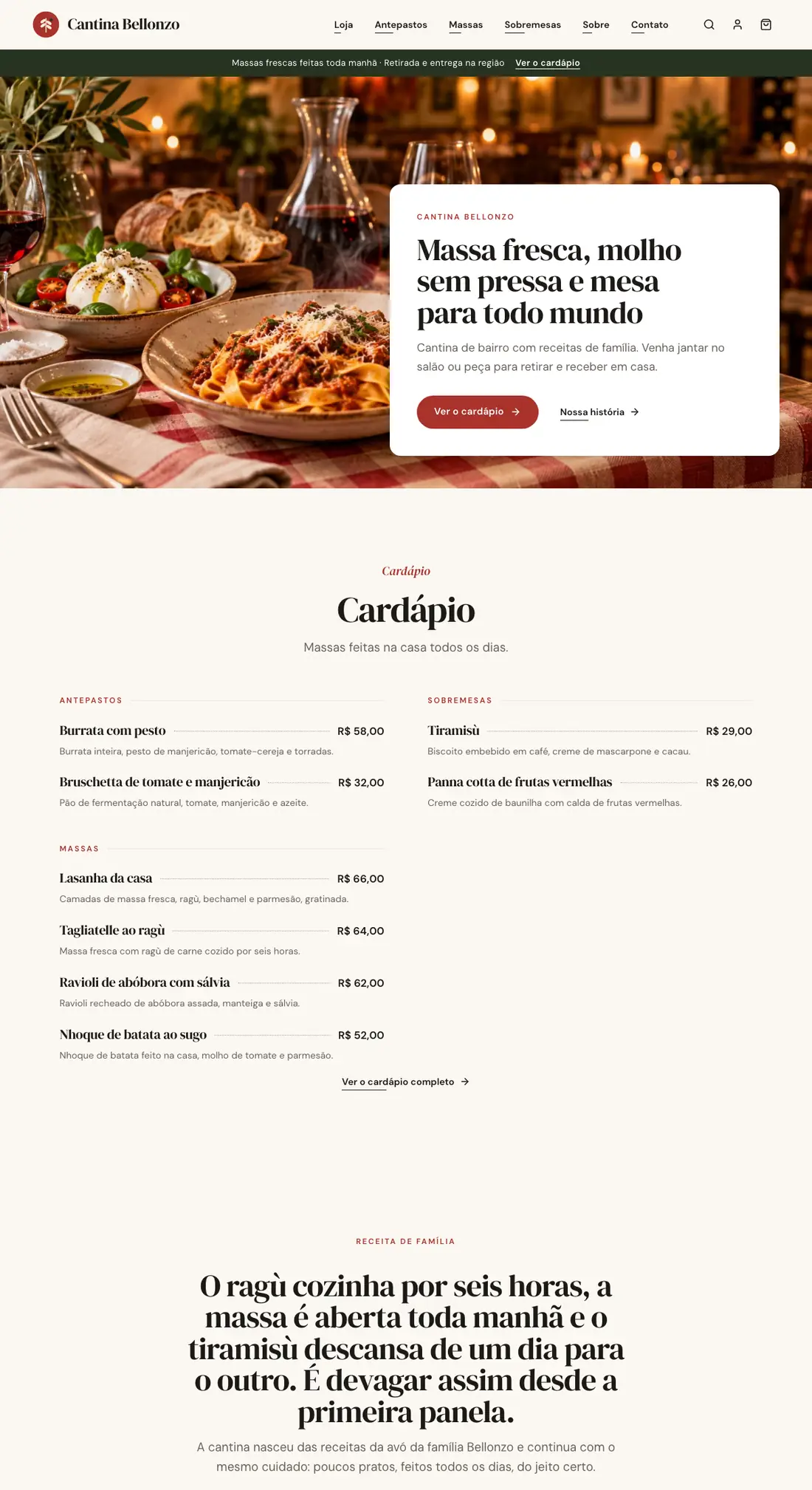 Site pronto do modelo Cantina, para restaurante